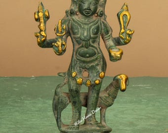 Mosiężny Lord Bhairav Idol-Antyczne wykończenie Figurka wcielenia Mahdeva-Vajrabhairava-Yamantaka-Bhairav Murti-Bhairav z psem