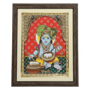 Tanjore Style Lord Krishna Painting - Hindu God Goddesses Art Work - Bhagwan Krishna Hand-painting Wall Decor - Keshav - Madhav - Girdhari