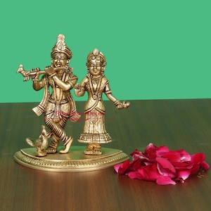 Brass Radha Krishna Statue - Stone Stud Radhika Krsna Sculpture - Hindu God Love Symbol - Krisna Figurine - Radha Rani Kanha - Gopal Madhav