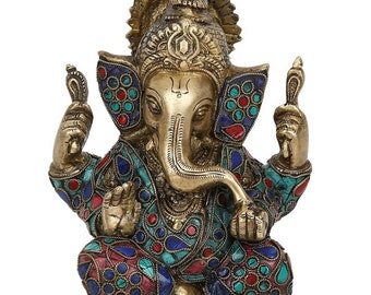 Brass Lord Ganesha Statue – Stone Inlay, Hindu God Figurine