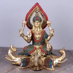Lakshmi Goddess Sitting On Elephant Statue - 25 Cm Big Brass Sitting Laxmi Idol - Hindu Goddess of Fortune and Abundance - Indian Fortuna