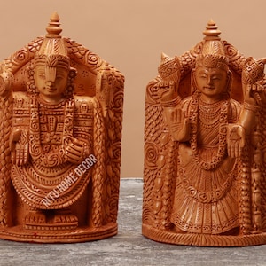 Tirupati Balaji with Padmavati 18 CM in Wood, Padmavati Amman New Home, Lord Vishnu Goddess Padmavati Figure, Temple Altar Murti Pooja Idol