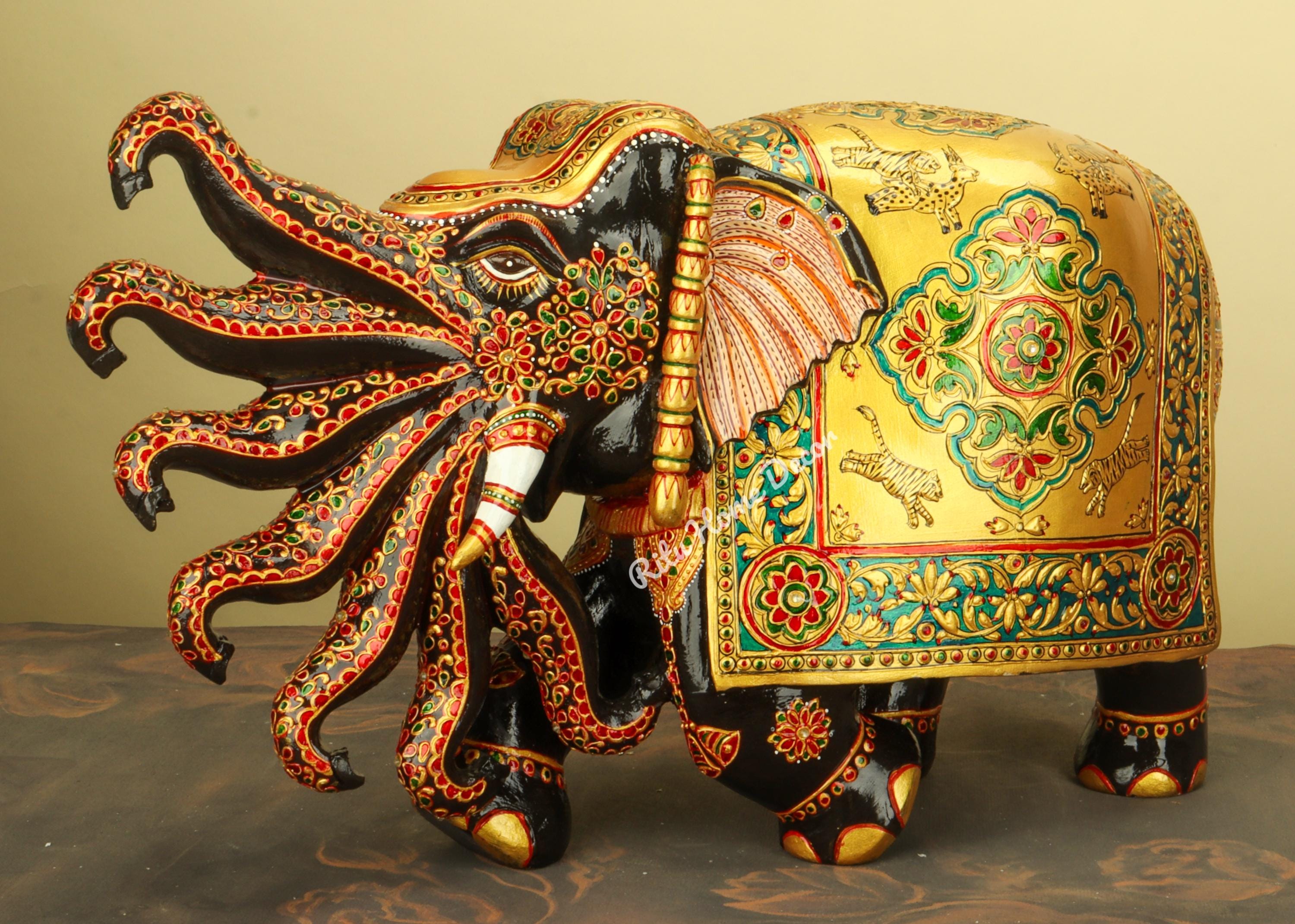 Wooden Airawat Elephant Statue - Lord Indra Wagon Figurine