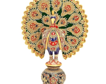 Handmade Wooden Peacock Figurine – Jaipur Meena Work, Indian Decor