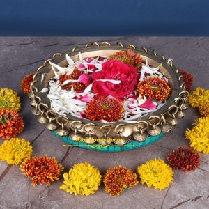 Brass Urli For Temple - Traditional Tone Stud Bowl with Bells - Indian Art - Ethnic Decorative Showpiece - Religious Decor - Ghungroo Urli
