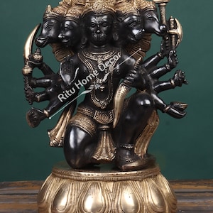 Brass Panchmukhi Hanuman Statue - 14" Inch  Lord Bajarang Bali Idol  - Anjaneya -  Hindu God Figurine  - Bhakti & Strength - Ram Devotee .