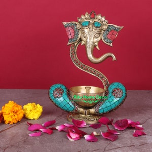 Brass Ganesh Diya - Modern Ganesh Temple Diya -Home Temple Diya Oil Dia - India Handcrafted Deepak - Mandir Temple Decor - Pooja Room Decor