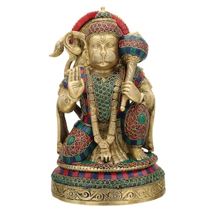 Brass Hanuman Statue, 27 CM Meditating Brass Lord Hanuman Idol with Stone Work. Hindu Monkey god of Devotion, Strength, Celibacy & Bhakti.