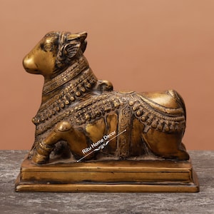 Brass Nandi Statue Antique Finish, Lord Shiva Wagon Sculpture, Sitting Nandi Figurine , Devine Bull Figurine ,Gate Keeper Of Siva Parvati