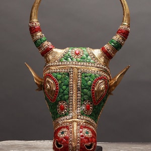 Brass Nandi Mask - 46CM Gatekeeper of Shiva -  Stonework Brass God Nandi Statue - Sacred Bull - Shiv Devotee - Hindu Religious Gifts - Decor