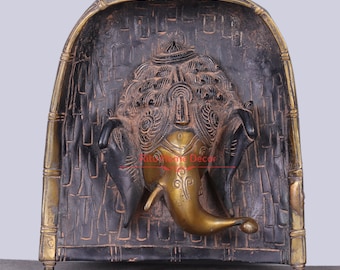 ガネーシャの壁掛け(金属製) パッタ ガネーシャ メタル 壁掛け (5.5 x 7 インチ、グリーン ゴールド