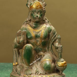 Brass Antique Finish Lord Hanuman Statue - Blessing Bajrang Bali Idol - Monkey Head Indian God Figurine - Divine Vanara Statue - Temple Mand
