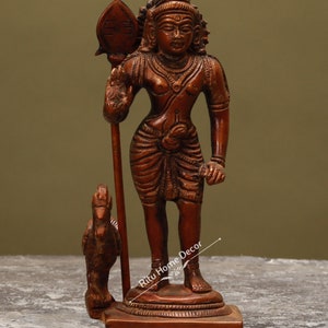 Lord Kartikeya Statue - Brass Antique Finish Murugan Swamy Sculpture - Kumara swamy Idol  - Shanmukha Murti - Lord with Peacock