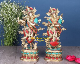 真鍮製ラダ・クリシュナ像 – 高さ12インチのヒンドゥー教の偶像、石