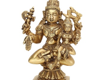 Brass God Goddess Lakshmi Statue,Golden Finish Naryan Padma Deity,Hindu Religious God Sculpture,Jagdish Idol With Goddess Laxmi in Lap