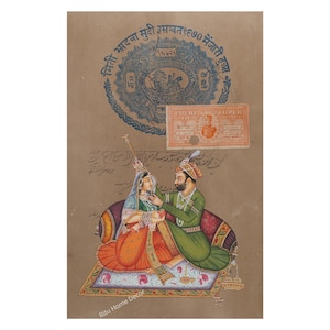 Dipinto di scena d'amore Mughal su carta da francobolli antica - Arte fatta a mano per l'arredamento della casa - Amore tra re e regina su carta - Regalo per matrimonio - Arredamento per la casa