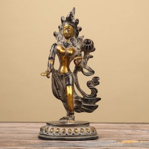 Brass Goddess Tara Statue - Standing Tara Idol For Worship -  23 CM Female Buddha Sculpture - Green Tara For Home Temple - Tibetan Goddess