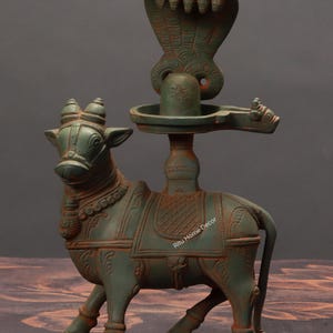 Brass Nandi Statue with Stone Work , Lord Shiva Wagon Sculpture, Sitting Nandi Figurine , Devine Bull Figurine ,Gate Keeper Of Siva Parvati
