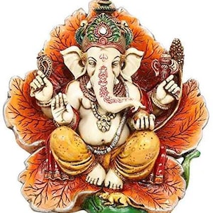 Lord Ganesh Standbeeld - Ganpati Zittend op Blad Idool - Deva Ganesha Sculptuur - Gajanan Sculptuur - Ganpati Bappa Standbeeld - Hindoe God Standbeeld