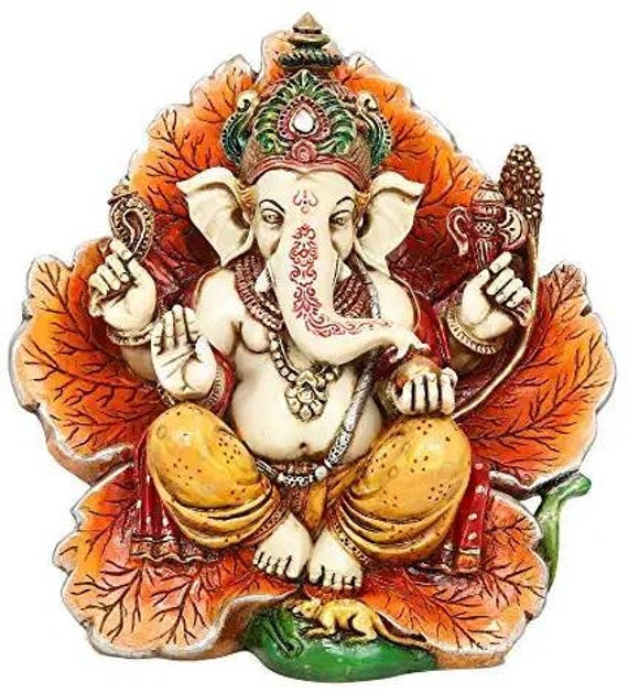 Lord Ganesh Statue - Ganpati Sitting On Leaf Idol -  Deva Ganesha Sculpture - Gajanan Sculpture - Ganpati Bappa Statue - Hindu God Statue