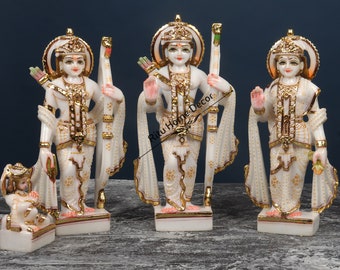 Lord Rama Darbar 9" White Gold Sculpture - Bhagwan Ram Statues - Ram Sita Lakshman Hanuman Idol - Deities Home Temple - Adipurush Rama Idol