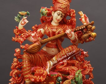 Estatua de la Diosa Saraswati - Ídolo Maa Sharda - Figura Ma Sarasvathi - Ídolo Madre Saravati - Diosa de la Fortuna - Conocimiento - Estatua de la Música