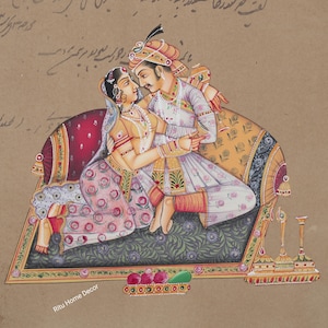Dipinto di scena d'amore Mughal su carta da francobolli antica - Arte fatta a mano per l'arredamento della casa - Amore tra re e regina su carta - Regalo per matrimonio - Arredamento per la casa
