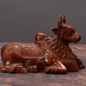 Brass Nandi Statue with Antique Finish, Lord Shiva Wagon Sculpture, Sitting Nandi Figurine, Devine Bull Figurine,Gate Keeper Of Siva Parvati