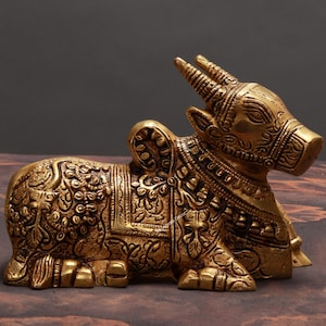 Brass Nandi Statue with Antique Finish, Lord Shiva Wagon Sculpture, Sitting Nandi Figurine, Devine Bull Figurine,Gate Keeper Of Siva Parvati
