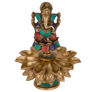 Brass Stone Stud Ganesh Deepak - Lamp For Temple - Ganesha Diya in Brass - Home Temple Diya - Handmade Oil Lamp - Oil Dia - Temple Decor