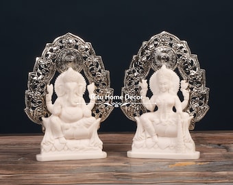 Lord Ganesh Lakshmi Statue - White Ganapati Laxmi Sculpture - Gajanan Idol - Ganesha - Goddess Of Wealth - Hindu God Figurine For Temple