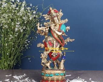 Estatua de Krishna de latón - 12 pulgadas de piedra Stud Madhav Idol - Símbolo de amor religioso hindú - Escultura Krishn - Figura Girdhar - Estatua de Murlidhar