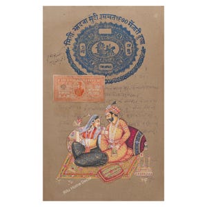 Dipinto di scena d'amore Mughal su carta da francobolli antica - Arte fatta a mano per l'arredamento della casa - Amore tra re e regina su carta - Regalo per matrimonio - Arredamento per la casa