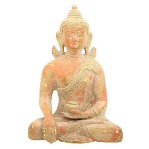 Brass Antique Finish Buddha Statue - Orange Color Siddhartha Idol - Gautam Buddha Deity - Home Decor - Indian Art Handcrafted - Vintage Look
