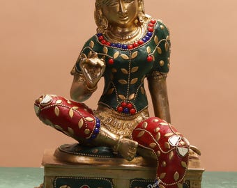 Brass Devi Parvati Statue - Stone Stud Maa Gauri Sitting Idol - Mother Durga Sculpture - Devi Shakti Deity - Hindu Goddess Figurine - Diwali