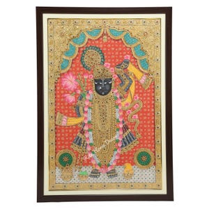 Tanjore Style Lord Srinathji Painting - Hindu God Goddesses Art Work - Bhagwan Krishna Hand-painting Wall Decor - Keshav - Madhav - Girdhari