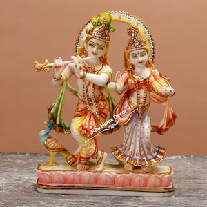 Radha Krishna Statue, 26 cm Multi colour Cultured Marble Radha Krishna Murti, Radhe Krishna Figurine, Hindu Marriage Gift - Gopal Gopika