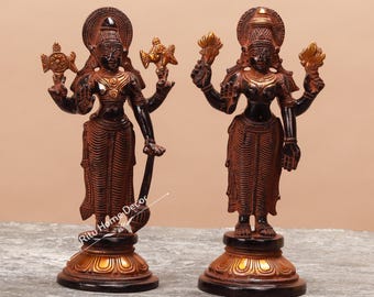 Brass Antique Finish Lakshmi Narayan Idol - Standing Vishnu Lakshmi Statue - Laxmi Narayana Figurine - Lord Vishnu Goddess Laxmi Sculpture
