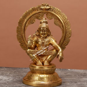 Brass Lord Ayyappa 11.5&quot; Statue - Ayyappan Idol - Hindu God Of Self Control - Hariharasudhan Deity - Epitome Of Dharma - Dharmasastha Idol