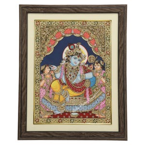 Tanjore Style Lord Krishna Painting - Hindu God Goddesses Art Work - Bhagwan Krishna Hand-painting Wall Decor - Keshav - Madhav - Girdhari