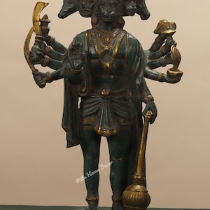 Brass Panchmukhi Hanuman Statue - Antique Finish 14&quot; Inch  Lord Bajarang Bali Idol -Hindu God Figurine  - Bhakti & Strength - Ram Devotee