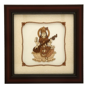 Maa Saraswati Multicolor Wooden Painting 2D & 3D Painting Sharda Painting Indian Goddess Painting Veena Playing Goddess Art Sclupture Gift