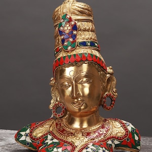 Brass Goddess Parvati Statue - Maa Gauri Head Bust - Ma Shakti Sculpture - Adi- Shakti Figurine - Parvathi Idol With Stone Work - Uma Statue