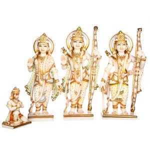 Ram Darbar Statue - 30 CM Big Cultured Marble Ramdarbar Idol - Lord Rama Hand Painted Figurine - Lord Hanuman - Lord Lakshman - Sita Mata