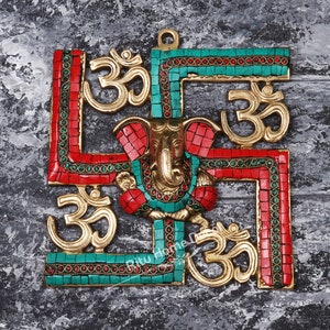 Messing Swastik Lord Ganesh Sculpture - Ganpati Beeldje - Elephant Head God - Ganapathi - Good Luck & New Beginning God - Vinayak - Ganesha