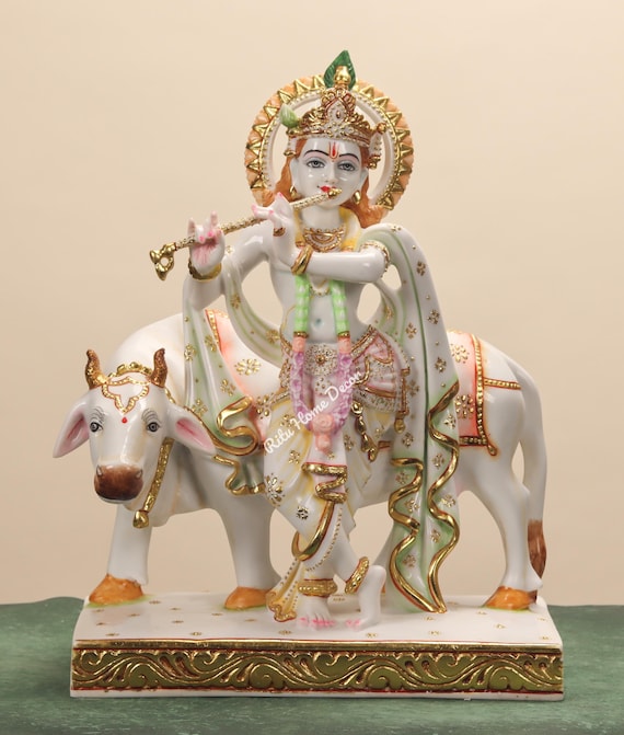 牛を持つクリシュナ神の像 - 18インチの牛のキシュナ像 - ゴパラ