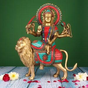 Brass Maa Durga 15&quot; Statue - Devi Jadamba Idol - Hindu Goddess Figurine - Yogini Maa Idol - Adi Shakti Statue - Parashakti Figurine - Amba