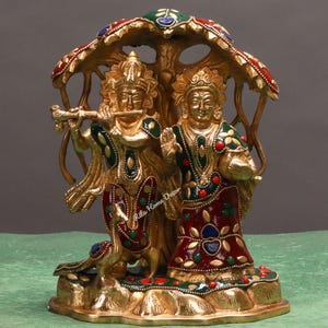 Brass Stonestud Radha Krishna Statue - 7.5&quot; Radhika Madhav Deity - Gopal Gopi Sculpture - Hindu Love Symbol - Shyam Shyama Idol - Govinda