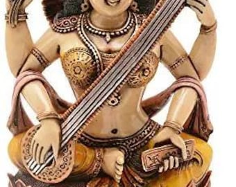Estatua de la Diosa Saraswati - Ídolo Devi Sarasvati - Escultura Maa Sharda - Diosa de la Sabiduría - Educación - Música - Arte - Figura Ma Saraswathi