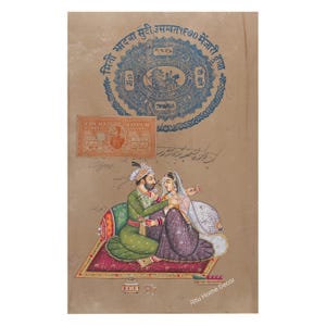 Dipinto di scena d'amore Mughal su carta da francobolli antica - Arte fatta a mano per l'arredamento della casa - Amore tra re e regina su carta - Regalo per matrimonio - Arredamento per la casa
